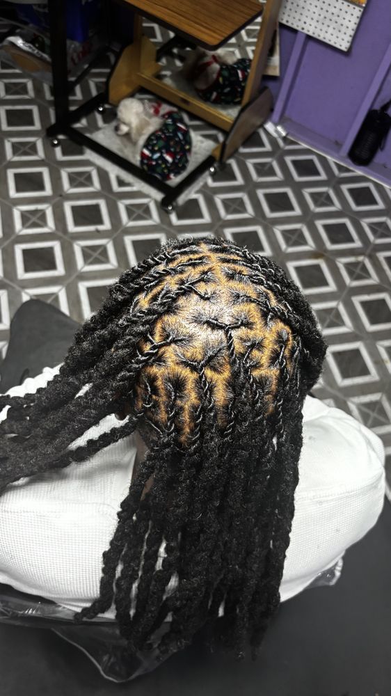 Close-up of a person's head with neatly styled, black, twisted braids in a salon setting.