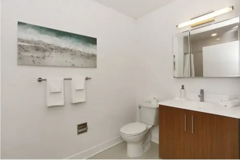 A bathroom with a toilet a sink and a mirror