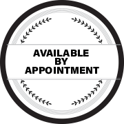 A black and white circle with the words `` available by appointment '' on it.