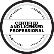 A black and white circle with the words `` certified and licensed professional '' written inside of it.