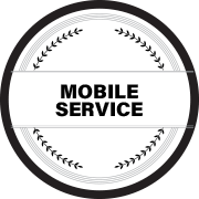 A black and white circle with the words `` mobile service '' written inside of it.