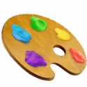Colorful painter’s palette with blue, green, yellow, purple, white, and red paint blobs