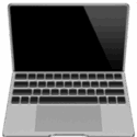 Open laptop computer with black screen and silver keyboard