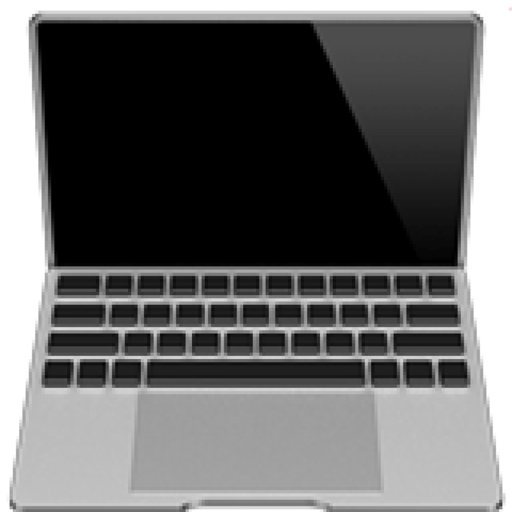 Silver laptop with a black screen and keyboard, viewed from the front