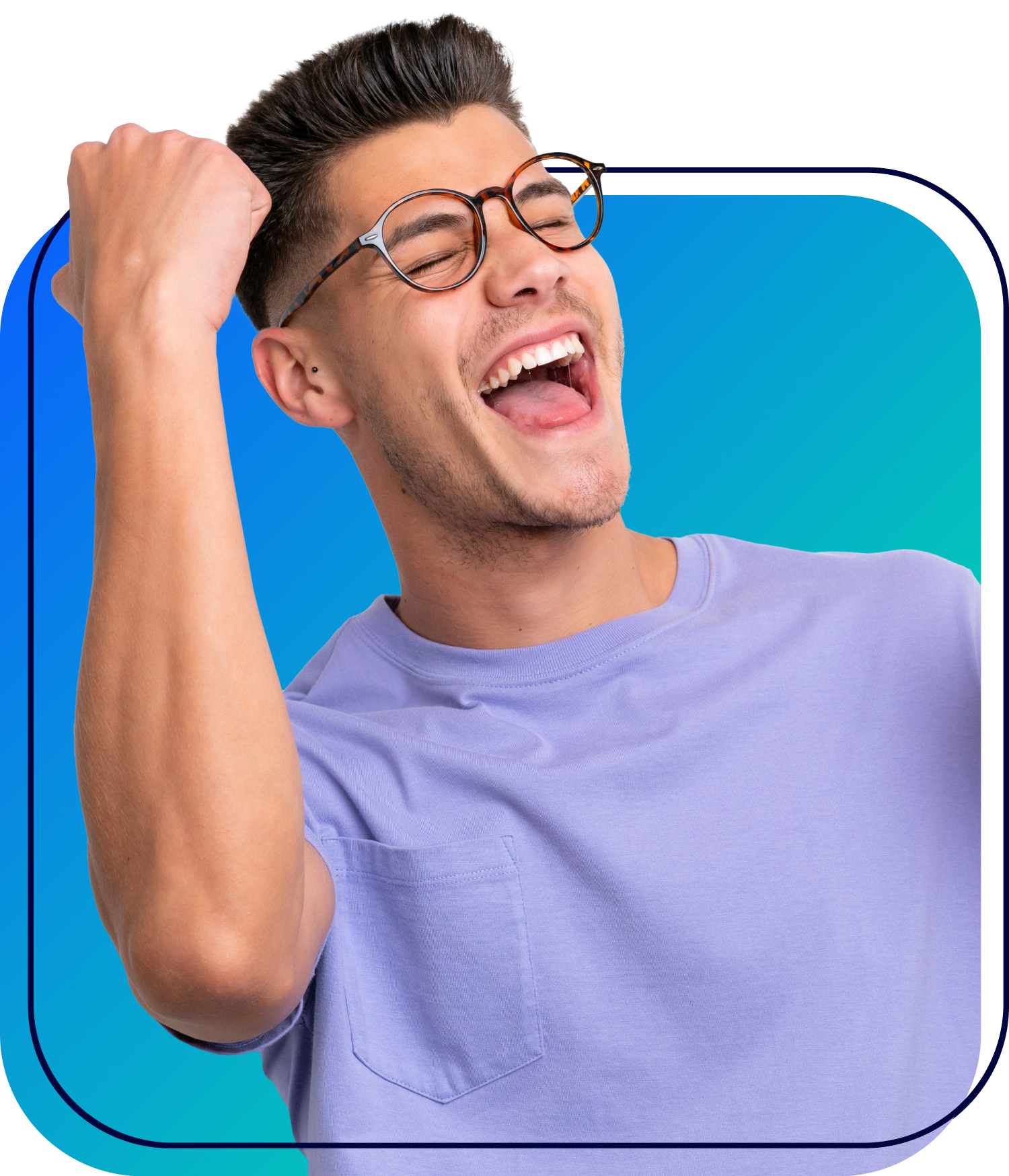 Smiling person in glasses, celebrating with a raised fist against a blue gradient background