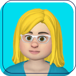 Cartoon avatar with blonde hair and glasses on a turquoise background