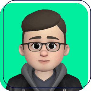 Cartoon avatar with glasses and dark hair on a teal background