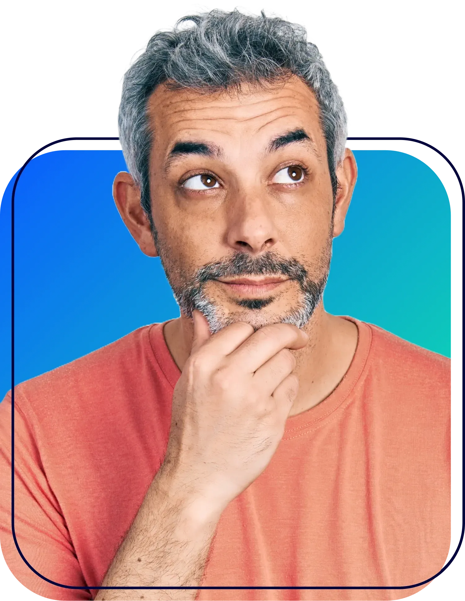 Man thinking with hand on chin against a blue gradient background, framed by rounded corners
