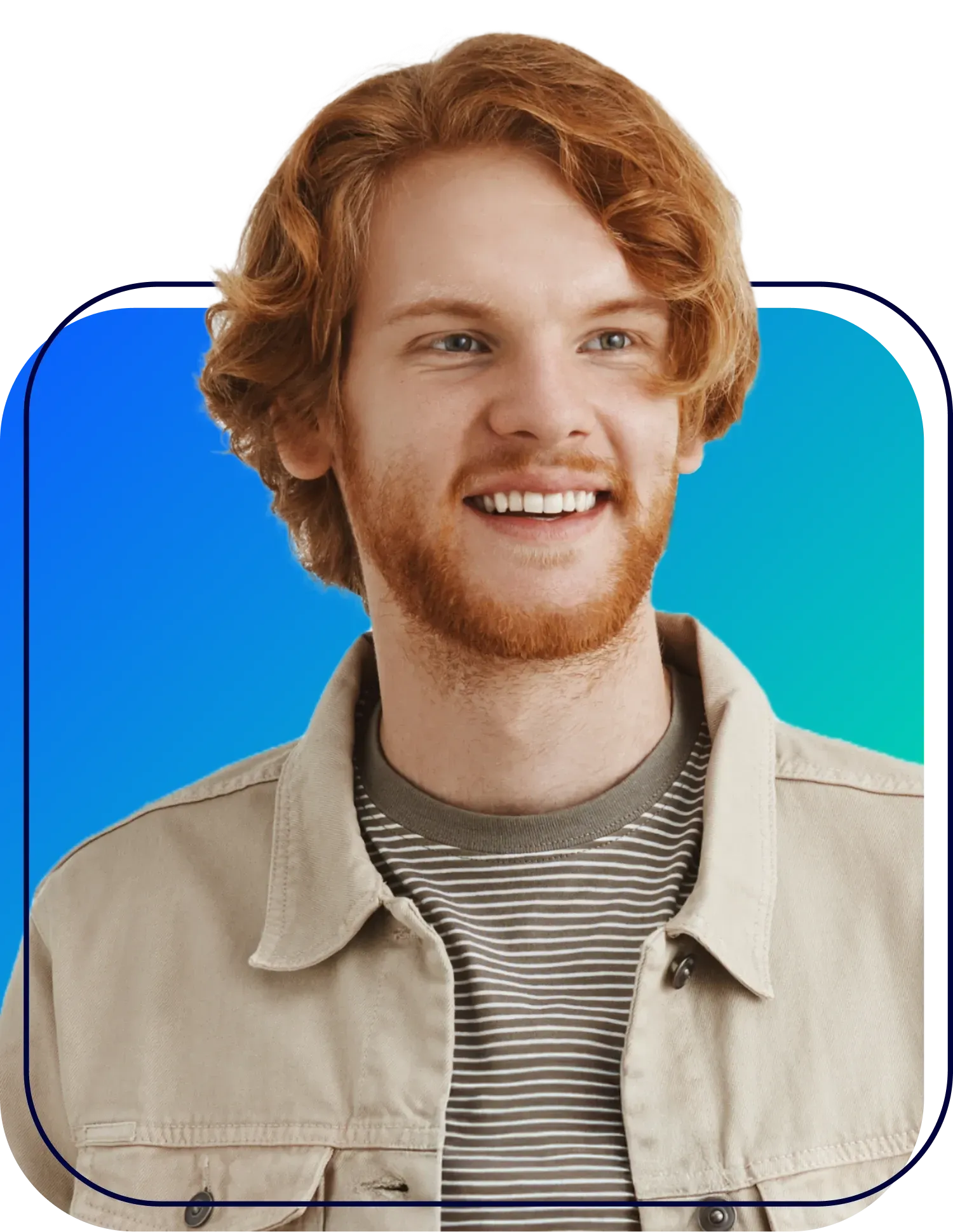 Smiling red-haired person in a beige jacket over a striped shirt, against a blue gradient background