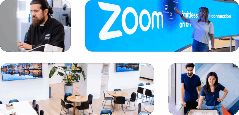Collage of Zoom office scenes with logo, meeting rooms, and people using video calls