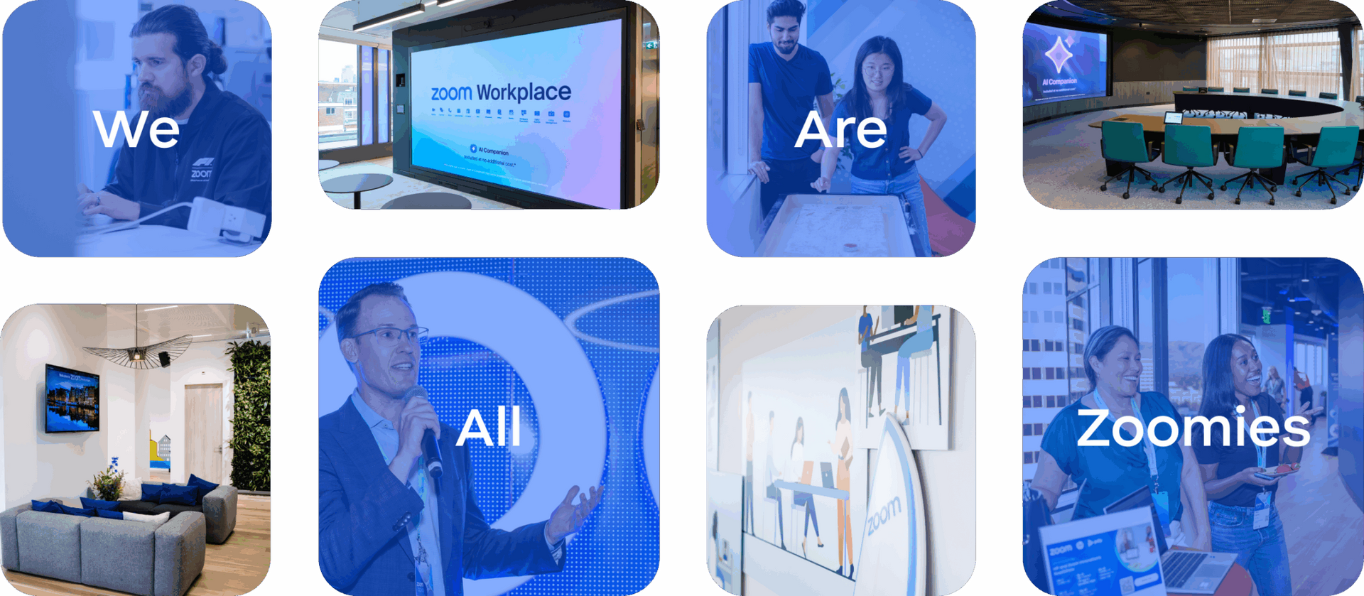 Collage of blue-toned Zoomies office scenes with people, meeting rooms, and branding panels.