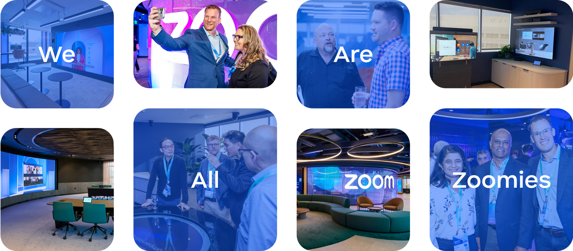 Blue Zoom-themed collage with people in a meeting room and offices, spelling “We Are All Zoomoomics.”