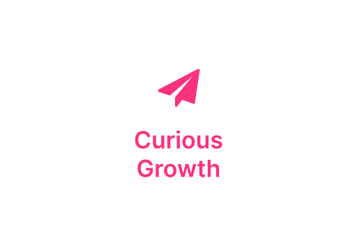 Pink paper plane logo above the words “Curious Growth” on a white background