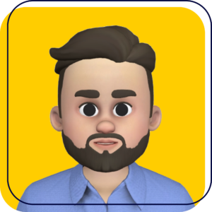 Cartoon avatar with dark hair and beard on a yellow background, wearing a blue shirt.
