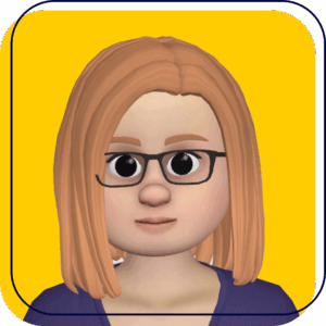 Cartoon avatar with blond hair and glasses on a yellow background