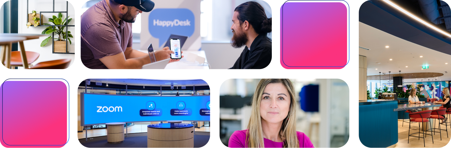 Collage of Zoom and HappyDesk workspace scenes, UI screens, and office interiors in blue and pink tones