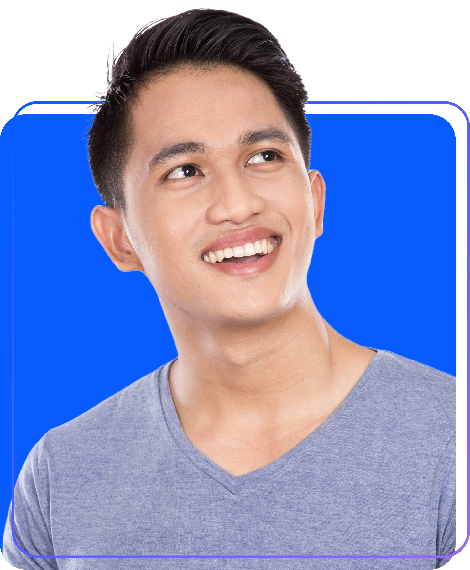Smiling man in a light blue shirt against a bright blue background