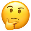Thinking face emoji with raised eyebrow and hand on chin on a yellow background