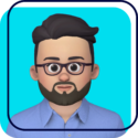 Cartoon avatar of a man with glasses, beard, and blue shirt on a turquoise background