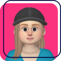 Cartoon avatar with blonde hair and cap on a pink-blue gradient background
