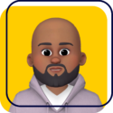 Stylized bald bearded avatar on a yellow background with purple border