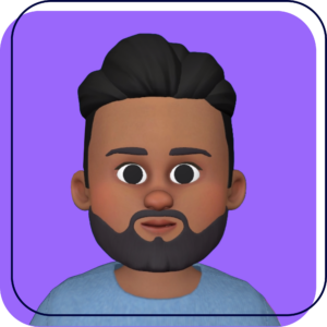 Cartoon avatar with dark hair and beard on a purple background