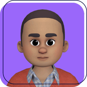 Cartoon avatar on a purple background wearing an orange sweater and plaid shirt, facing forward with a neutral expression