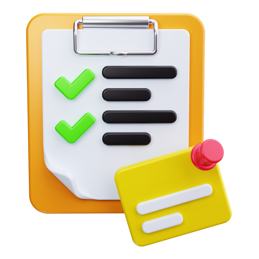 Clipboard checklist icon with green check marks and a yellow sticky note pinned in front