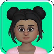 Cartoon avatar with black hair buns, glasses, and a pink shirt on a green background