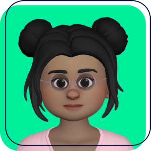 Cartoon avatar with black hair buns, glasses, and a pink shirt on a green background