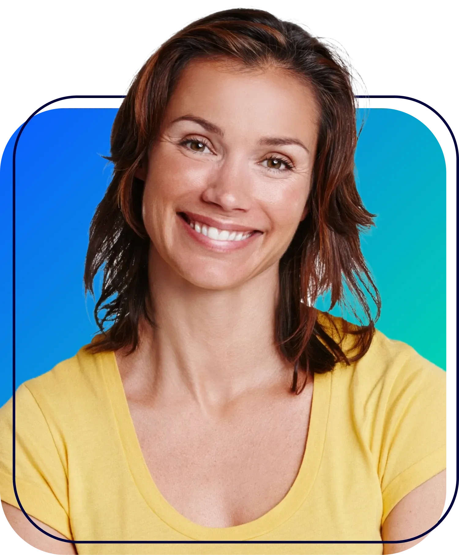 Smiling person with an afro and glasses wearing a yellow plaid shirt on a bright blue background