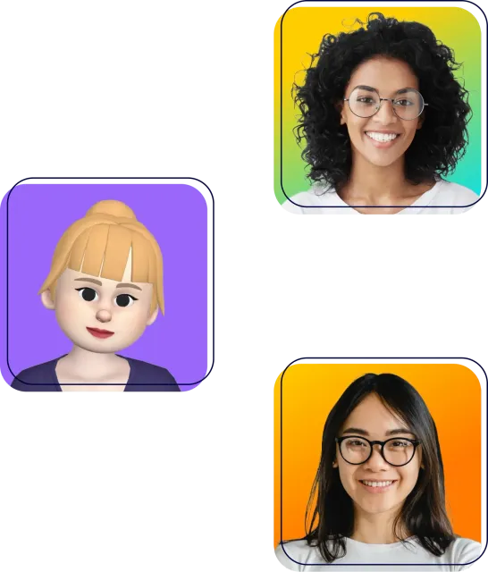 Three profile avatars on white background: a cartoon face on purple, and two smiling women on green and orange.