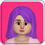 Cartoon avatar with purple hair on a pink background, looking forward with a neutral expression