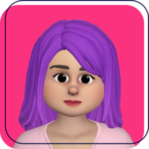 Cartoon avatar with purple hair on a pink background