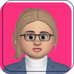 Cartoon avatar with glasses, blonde hair, and blue blazer on a pink background