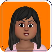 Animated avatar with straight black hair on an orange background, wearing a light pink top.