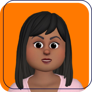 Digital avatar of a woman with long black hair on an orange background