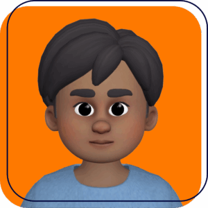 A cartoon avatar with dark hair and a blue shirt on an orange background.