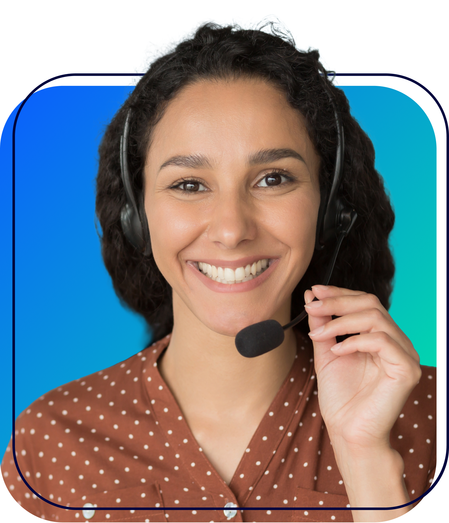 Smiling customer service agent wearing a headset on a blue background