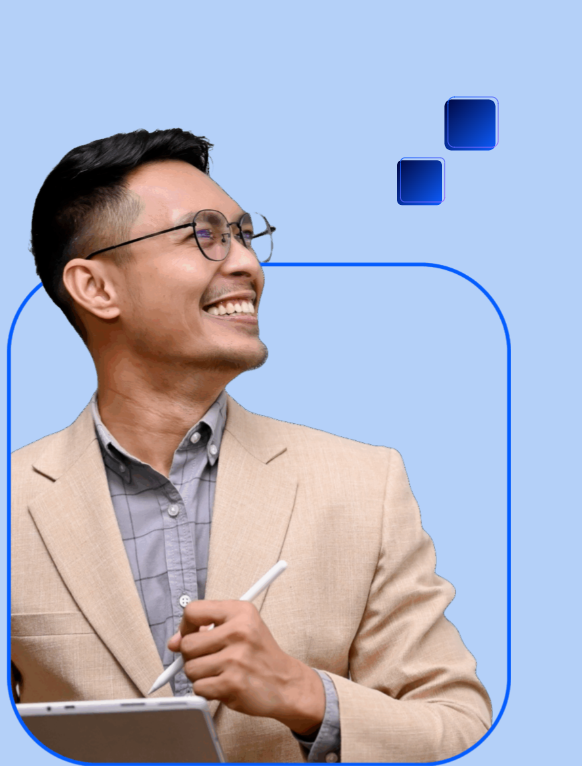 Smiling man in beige blazer holding a tablet against a light blue background with rounded blue accents