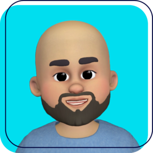 Smiling cartoon bald avatar with beard on a bright blue background