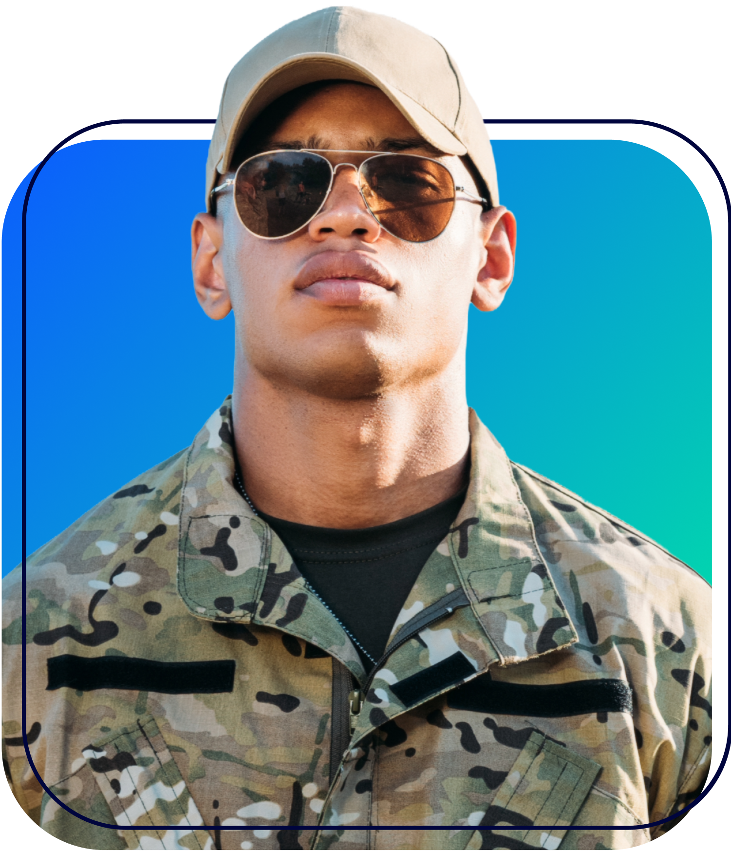 Portrait of a person in camouflage jacket, tan cap, and sunglasses against a blue gradient background
