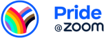 Pride at Zoom logo with rainbow arch and blue text on white background