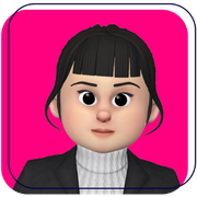 Cartoon avatar with purple hair on a pink background, looking forward with a neutral expression