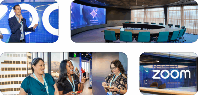 Collage of Zoom conference rooms and office scenes with blue branded screens and teal chairs