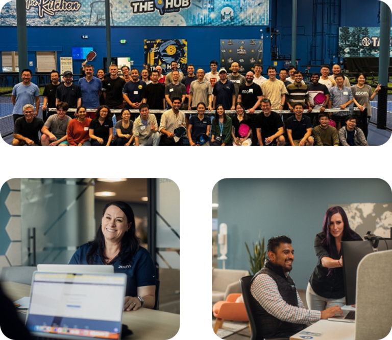 Group photo at The Hub above two smaller office scenes with people working at desks
