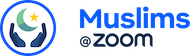 Muslims@zoom logo with blue text, hands holding a globe, crescent moon, and star icon