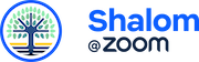 Shalom @zoom logo with blue text, a circular blue-green emblem, and a stylized tree over a sunrise