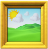 Framed landscape painting with a bright sun over green hills and clouds