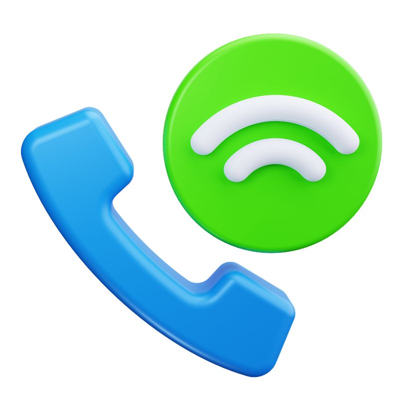 Blue phone handset icon with green wireless signal symbol